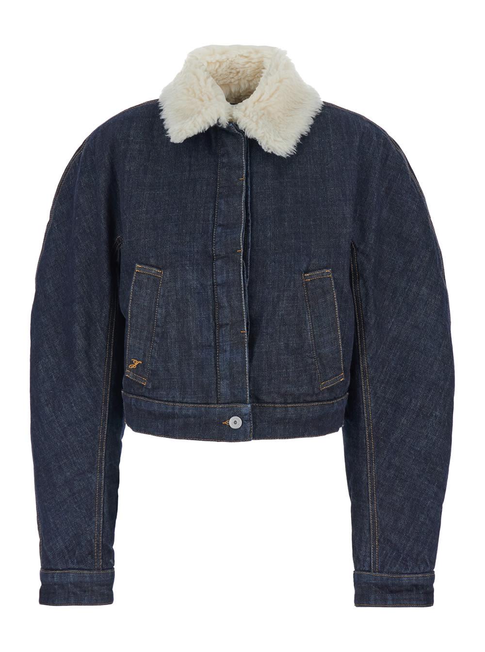 jacquemus le bomber de-nimes ovalo blue jacket with fur collar and two front welt pockets in denim woman
