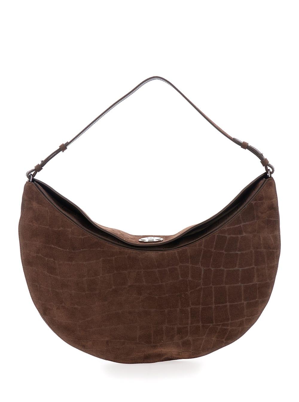 jacquemus le calisso rond large brown shoulder bag with adjustable strap and embossed crodocile effect in leather woman