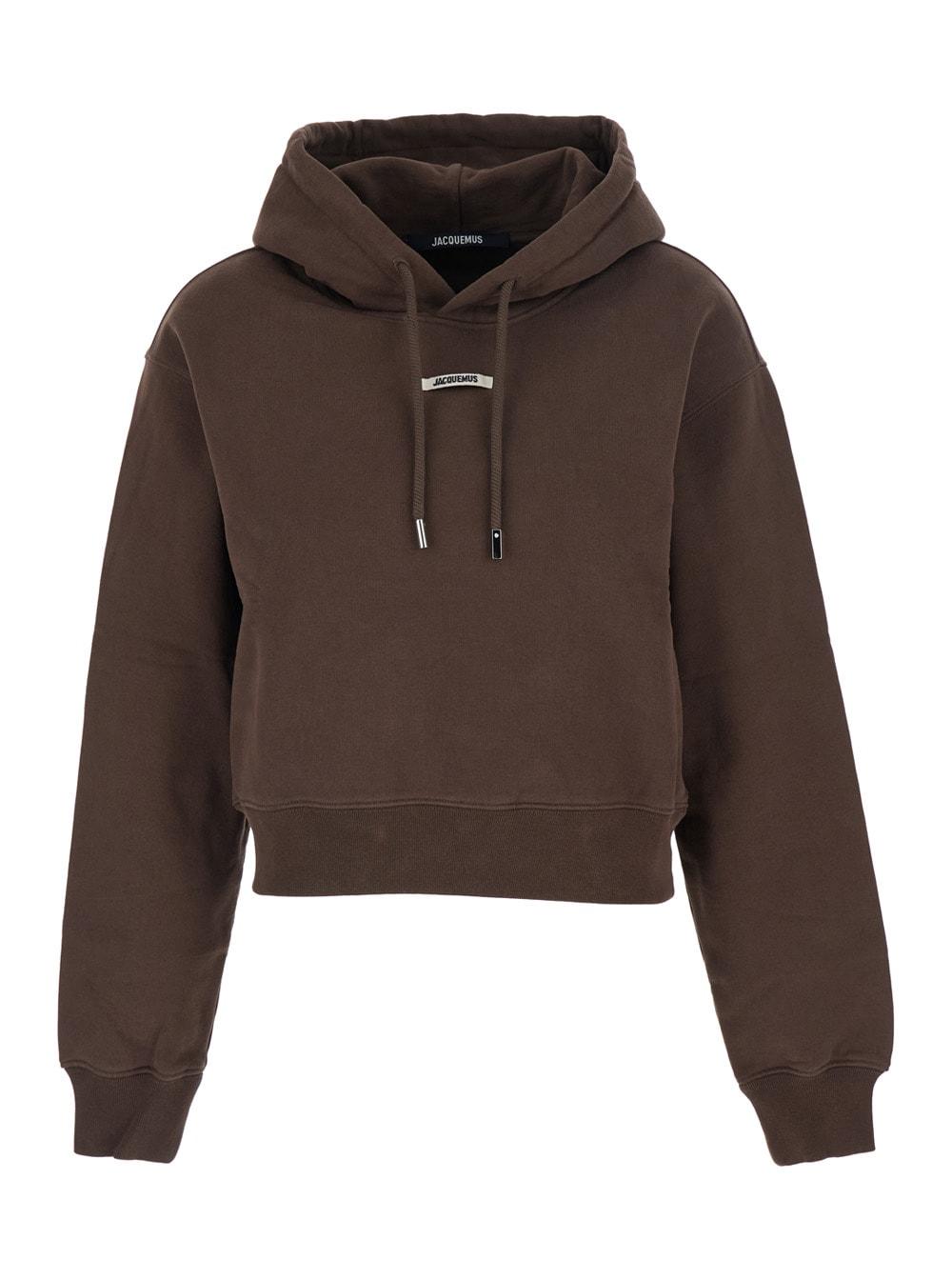 jacquemus le hoodie gros grain brown cropped hoodie with drawstring hood and logo patch on the front in cotton woman