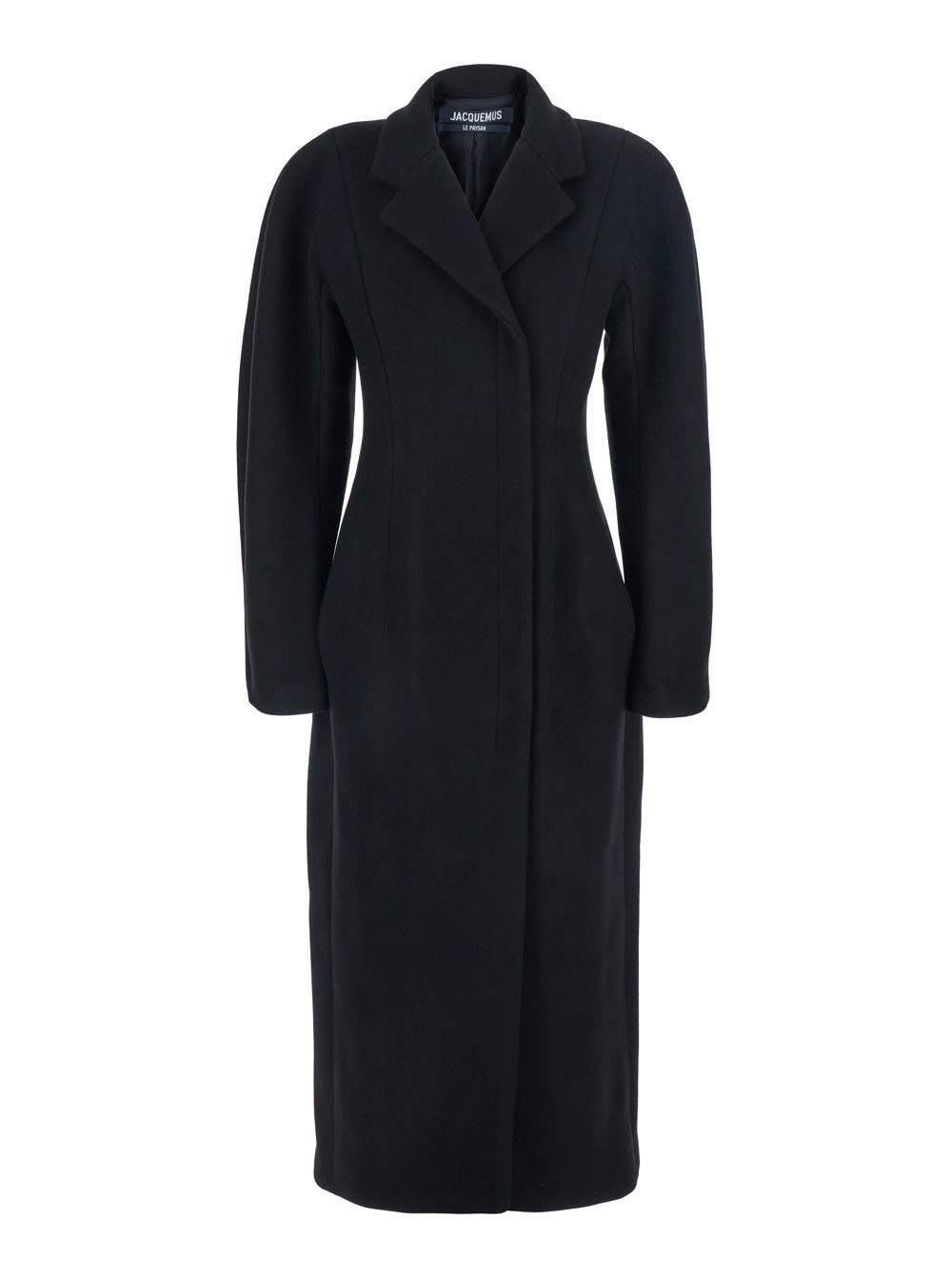 jacquemus le manteau curvo black double-breasted coat with notched revers and rear single vent in wool woman