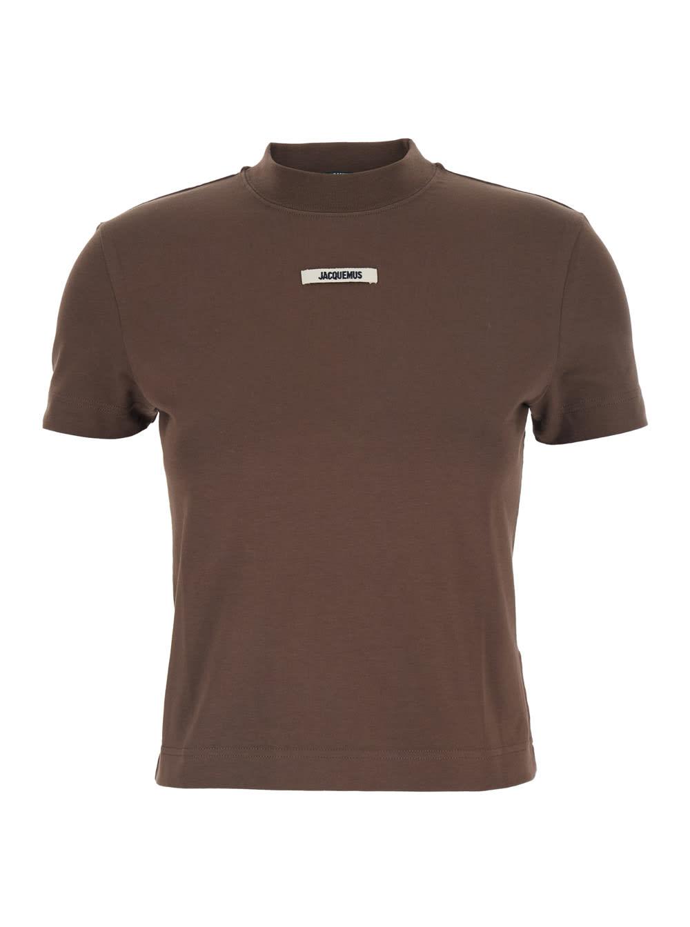 jacquemus le t-shirt gros grain brown crewneck t-shirt with logo patch on the front in cotton stretch woman