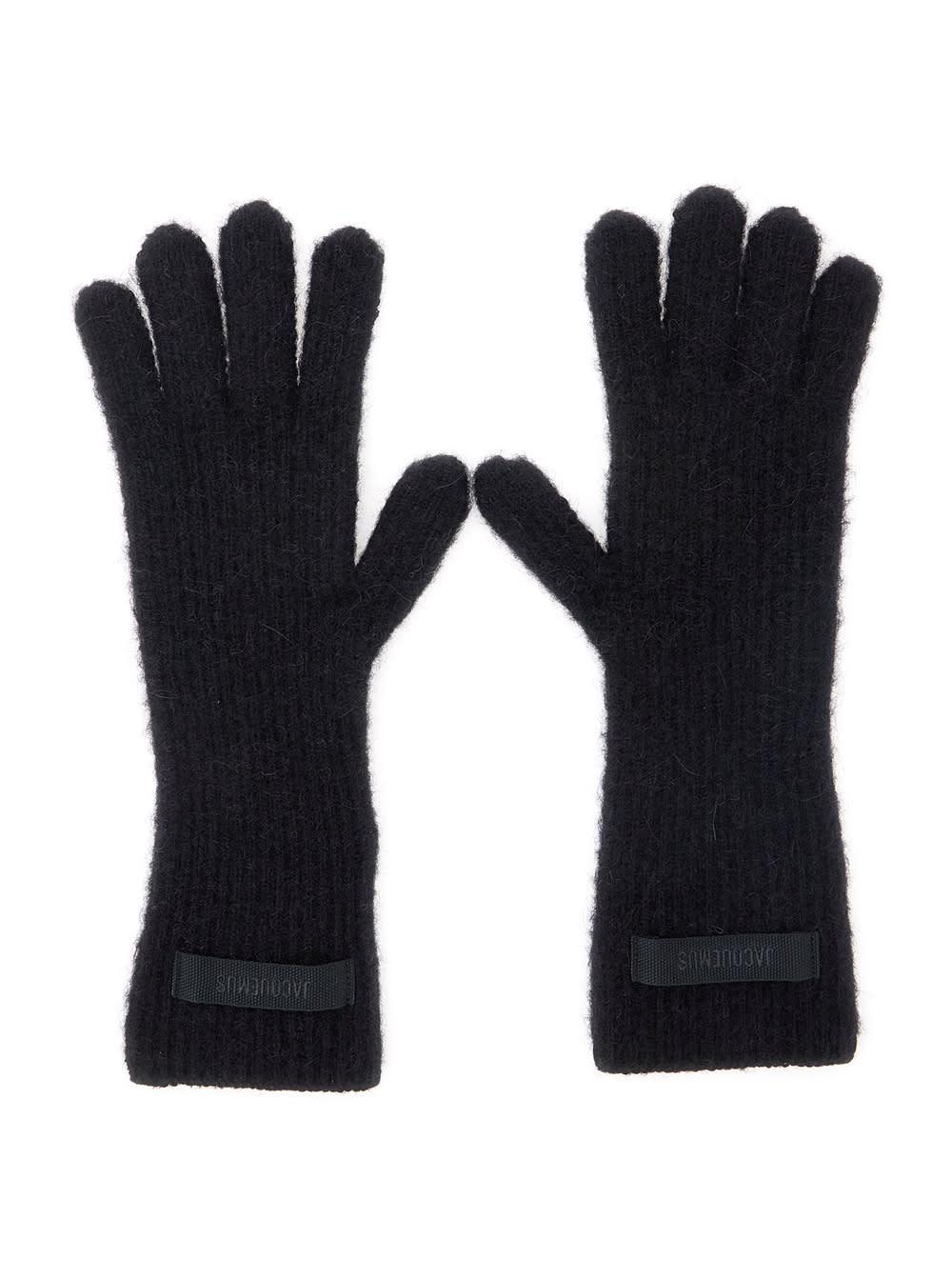 jacquemus les gants gros grain black gloves with logo patch on the front in wool blend woman