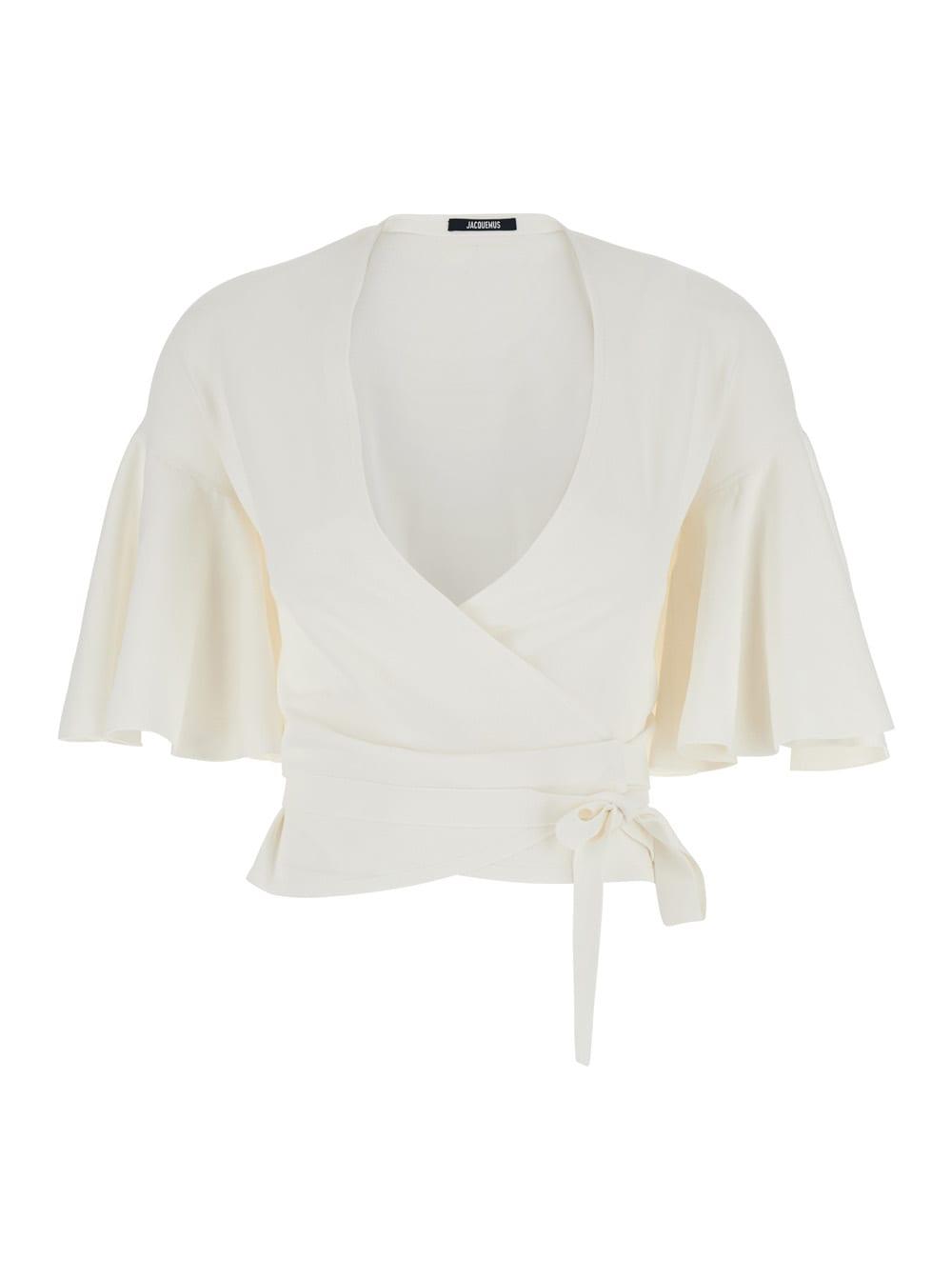 jacquemus white top with crossed neck in tech fabric for women