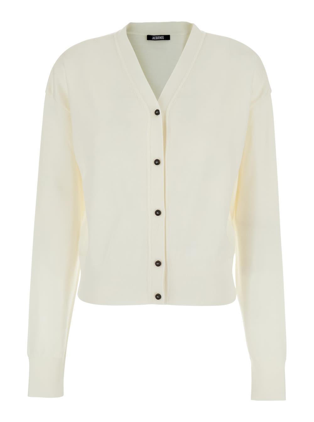 jacquemus white v-neck cardigan with back logo lettering in wool woman