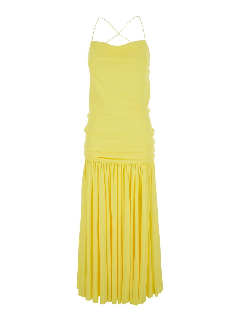 jacquemus yellow dress with straight neckline and gathered waist in tech fabric for women