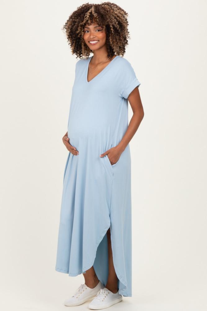 jade blue side slit maternity maxi dress