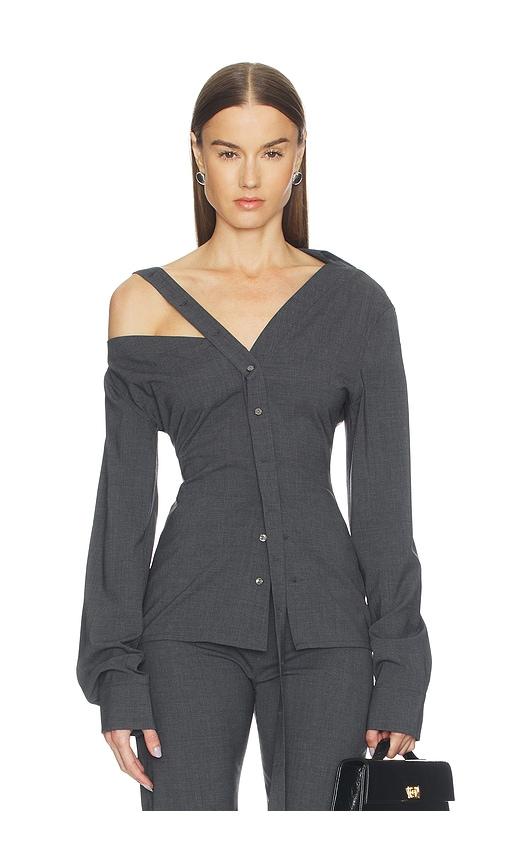 jade cropper asymmetric long sleeve top in grey.