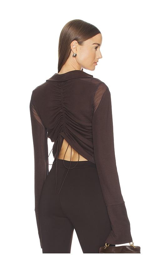 jade cropper gathered back button up top in brown.