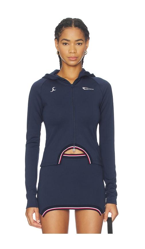 jade cropper hooded top in navy.