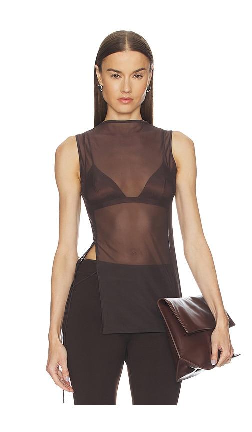 jade cropper sheer sleeveless top in brown.