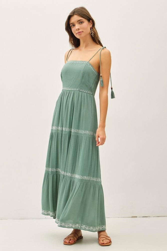 jade embroidered tiered maxi dress