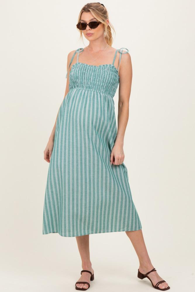 jade green striped smocked shoulder tie maternity midi dress