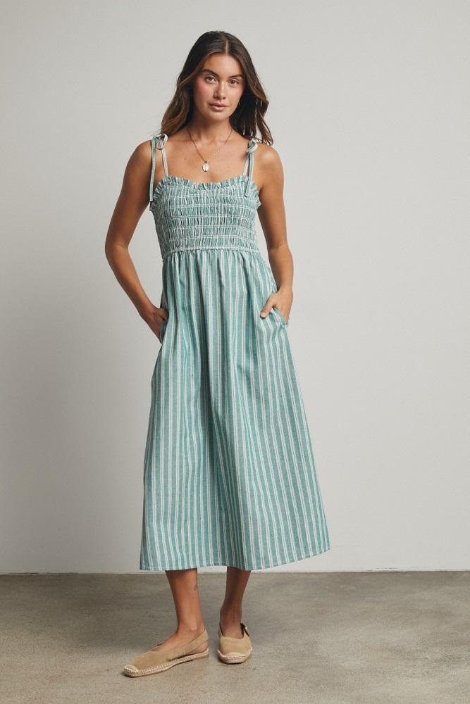 jade green striped smocked shoulder tie midi dress