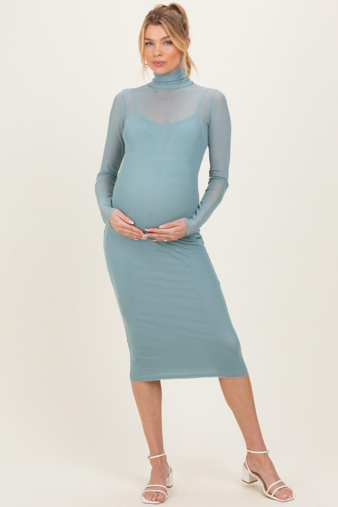 jade mesh overlay fitted maternity midi dress