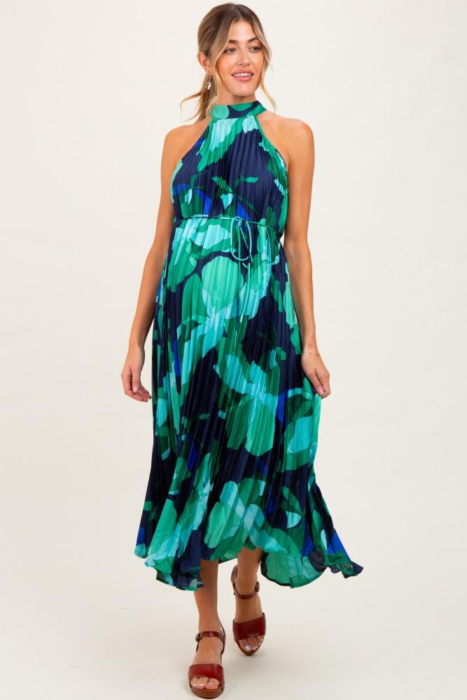 jade printed pleated halter maternity midi dress
