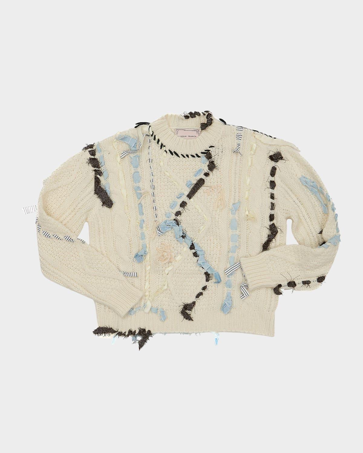 jade scrap-embellished cable crewneck sweater