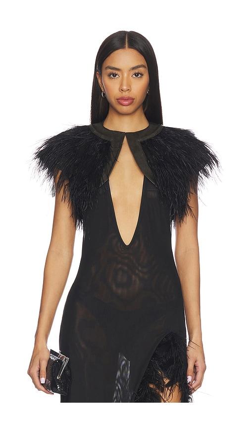 jaded london feather shrug with pu placket in black.