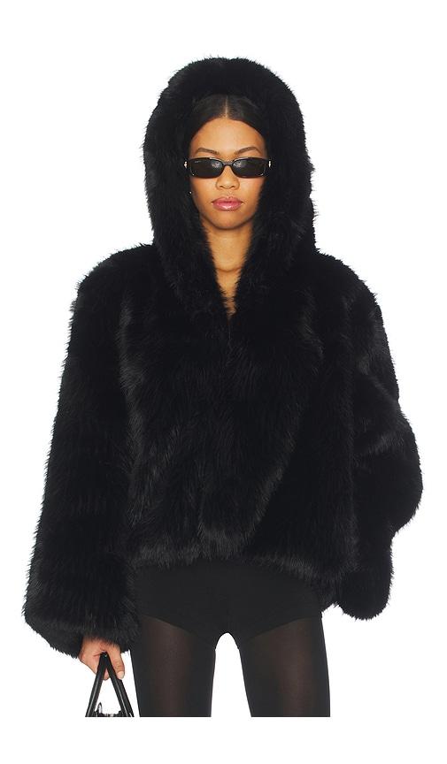 jaded london mara oversized hood faux fur jacket in black.