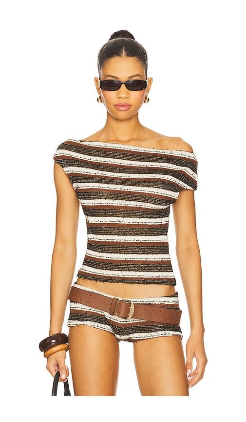 jaded london stripe knit asymmetric top in brown.