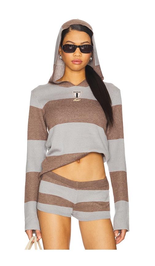 jaded london stripe knitted rugby top with hood in grey.