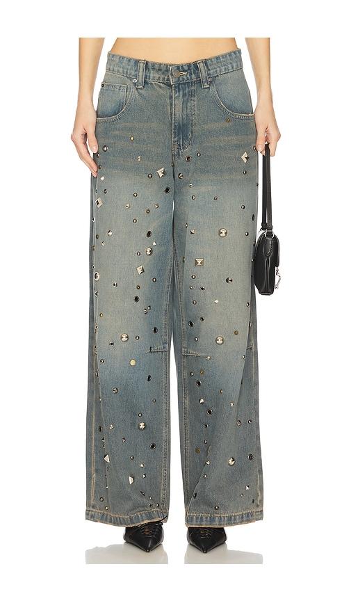jaded london studded colossus wide leg jeans in blue.