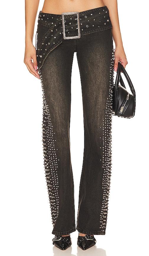 jaded london studded low rise jeans in denim-dark.