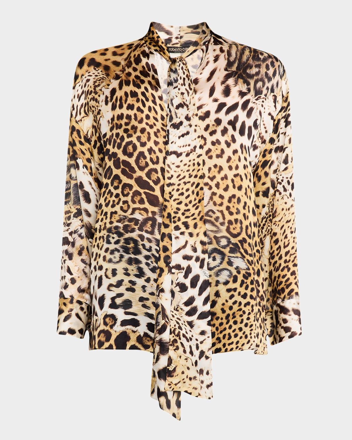 jaguar-print silk neck-tie blouse