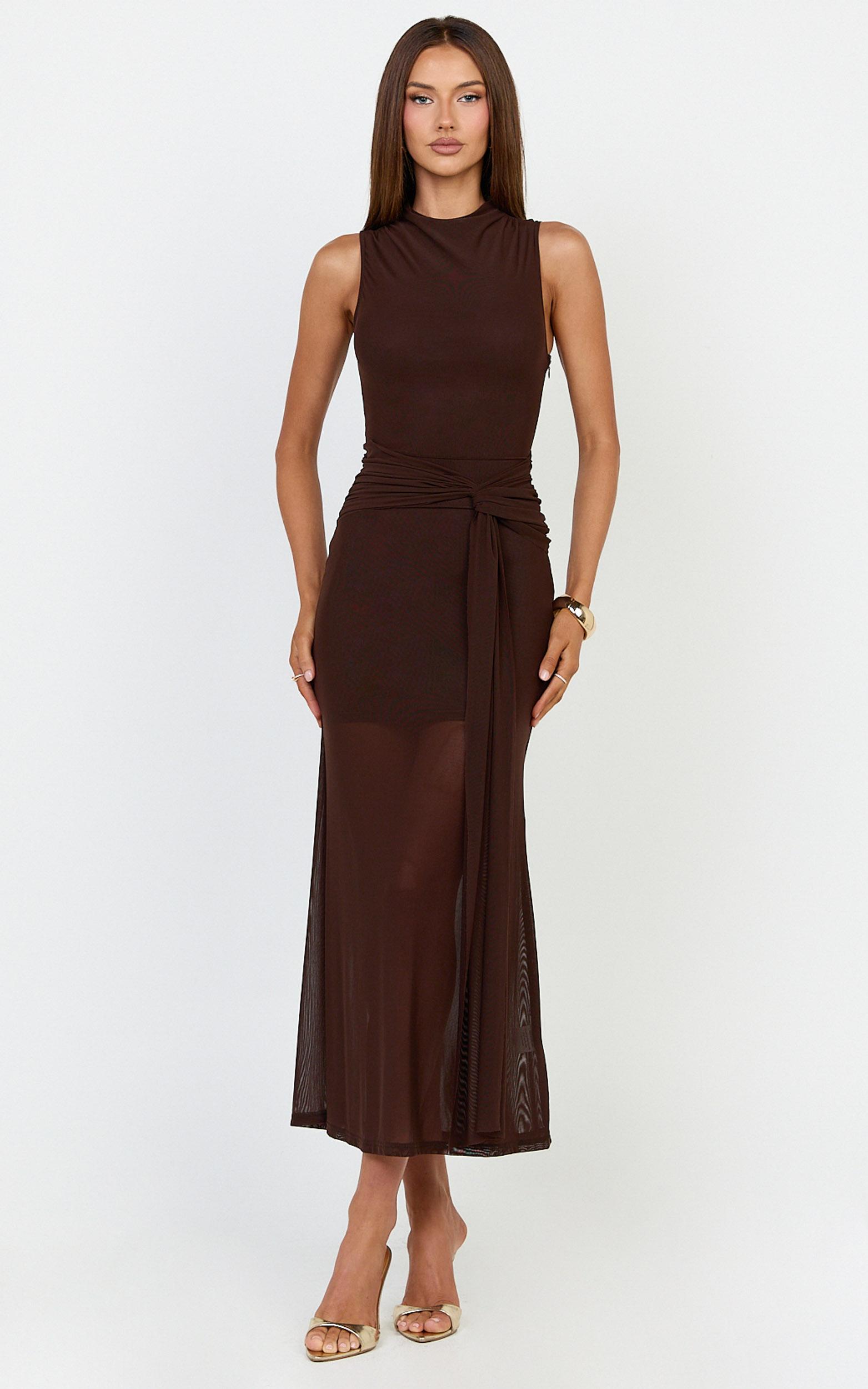 jaimae midi dress - high neck side knot detail mesh dress in chocolate