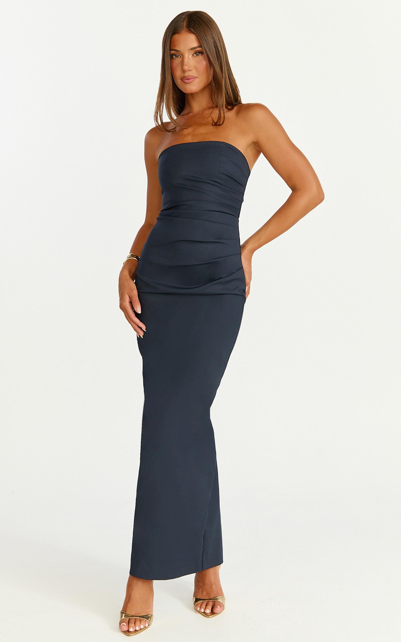 jamie maxi dress - strapless ruched fitted column dress in navy