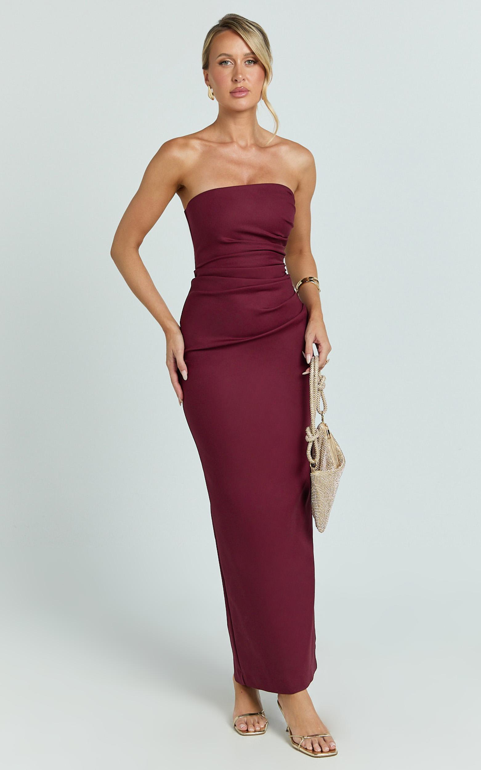 jamie maxi dress - strapless ruched fitted column dress in wine
