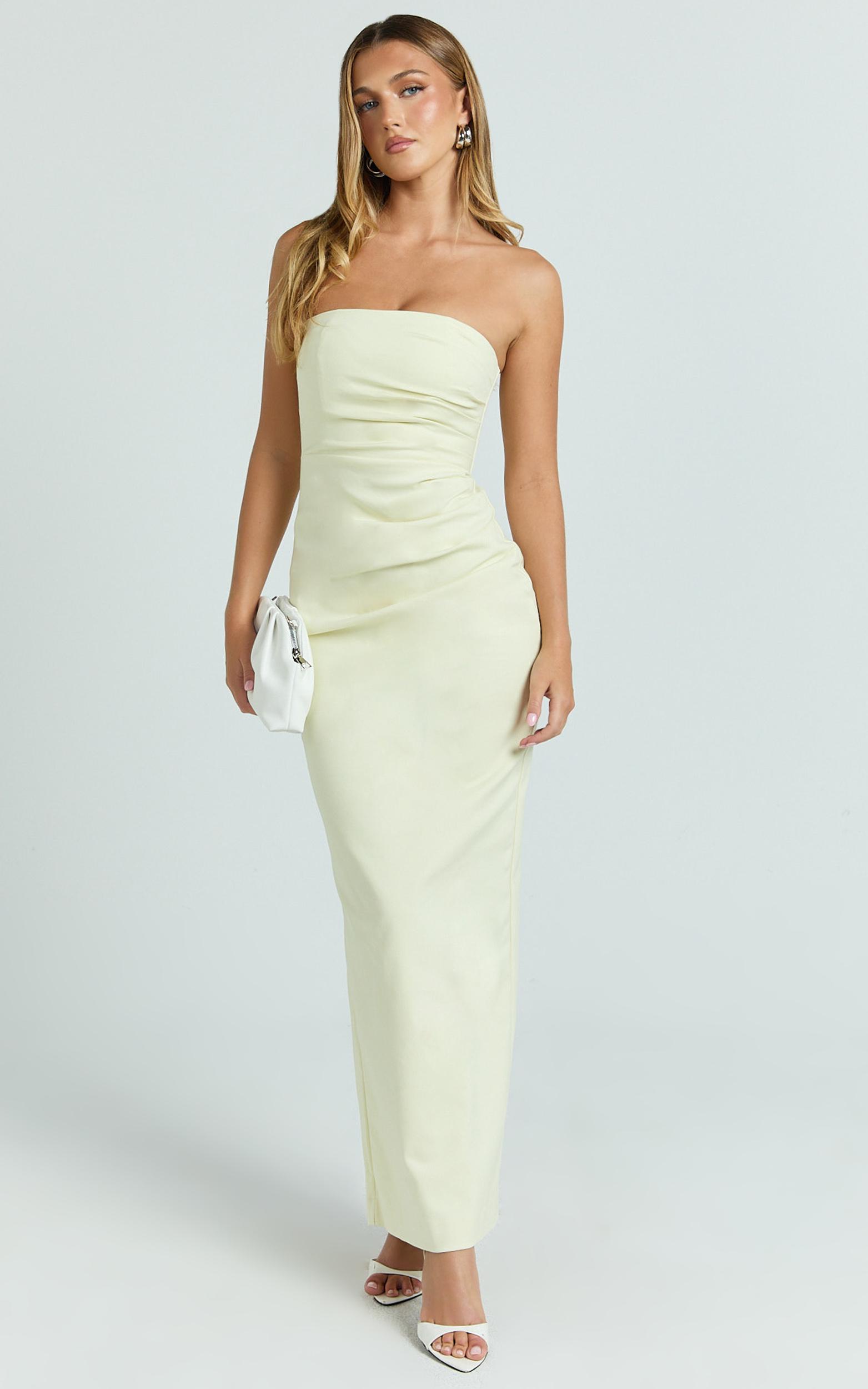 jamie midi dress - strapless ruched fitted column dress in lemon