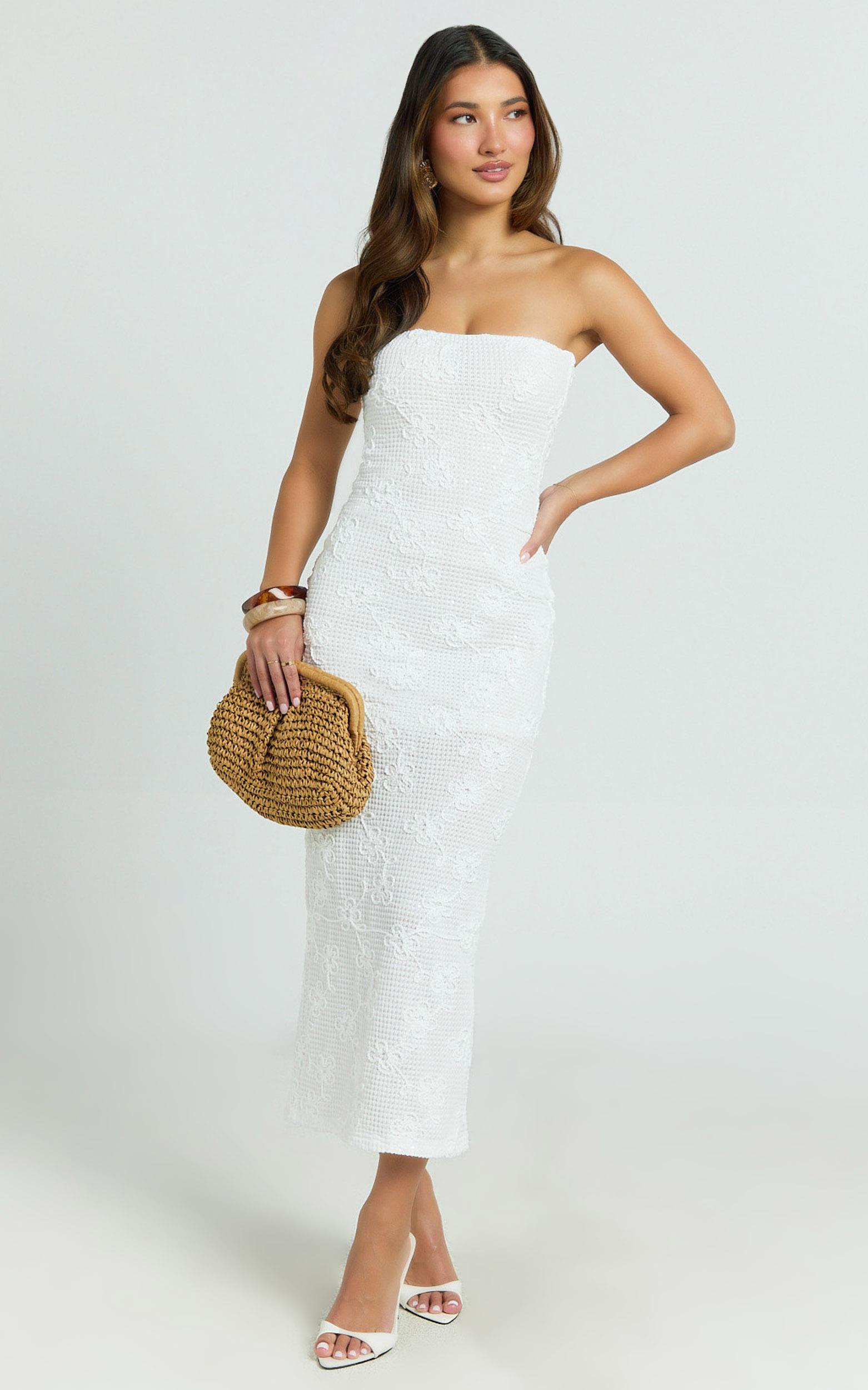 jamil midi dress - strapless fitted jersey dress in white