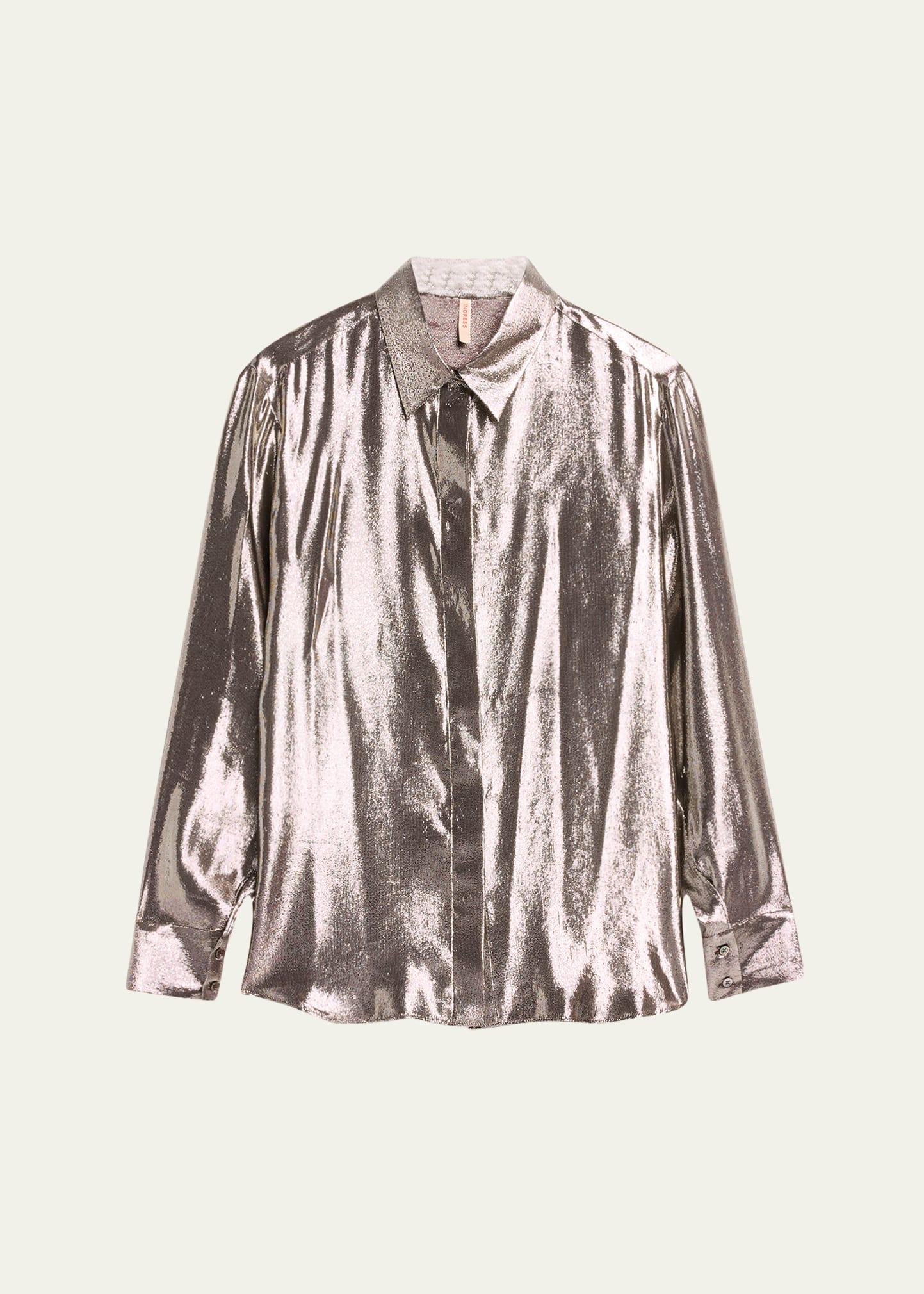 jane button down shiny silk metallic blouse