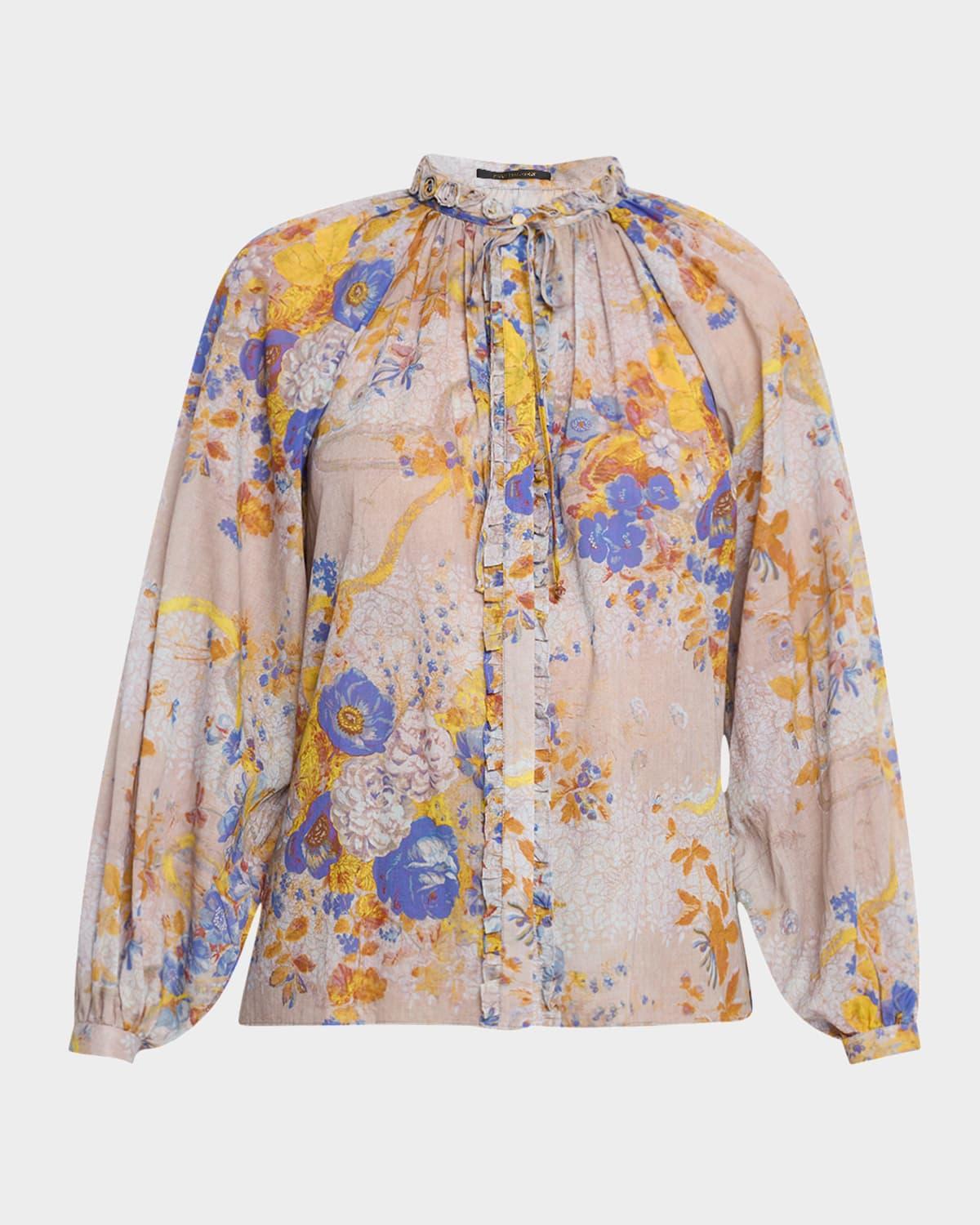 janice ruffled tie-neck floral cotton blouse