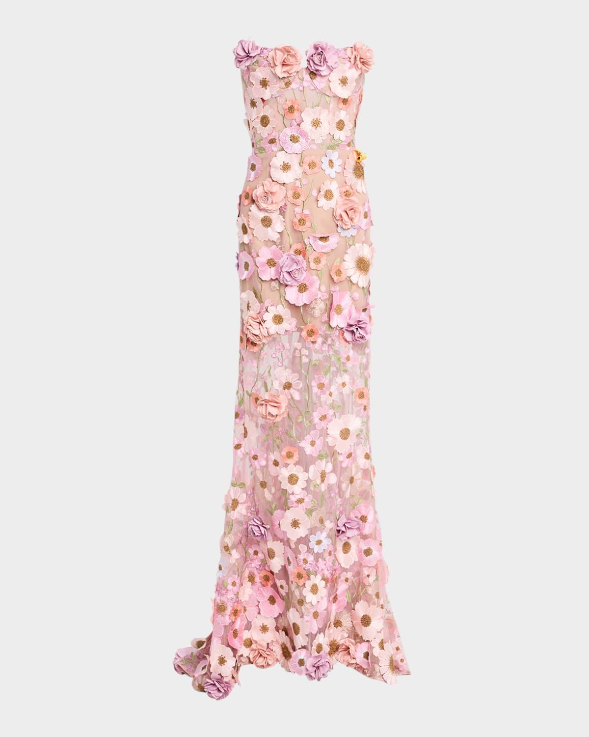 jasmine strapless floral-embroidered gown