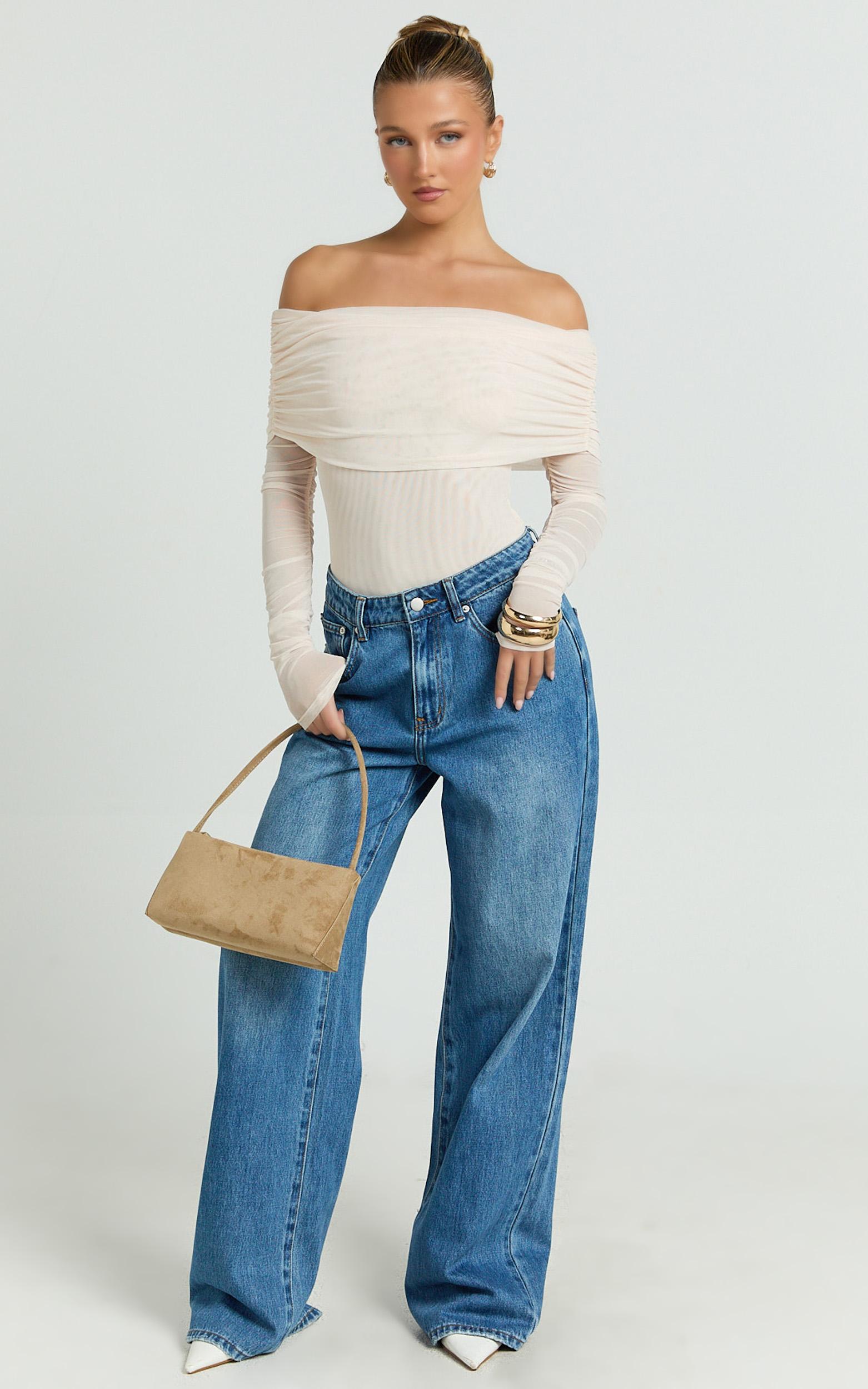 jaythen bodysuit - long sleeve off shoulder ruched mesh bodysuit in cream