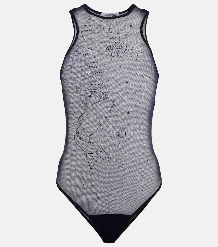 jean paul gaultier embellished printed mesh bodysuit