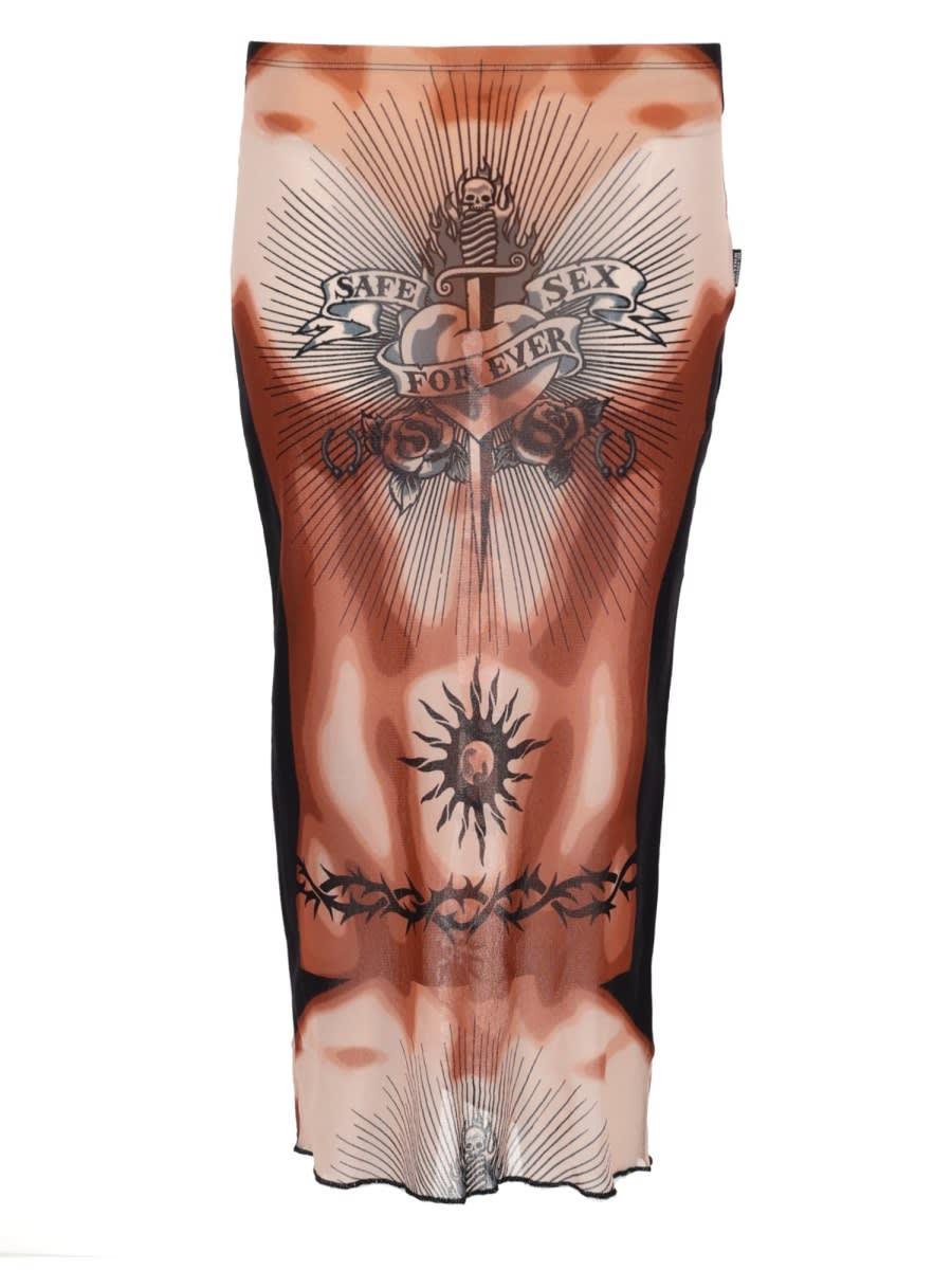 jean paul gaultier midi skirt with safe sex tatoo print