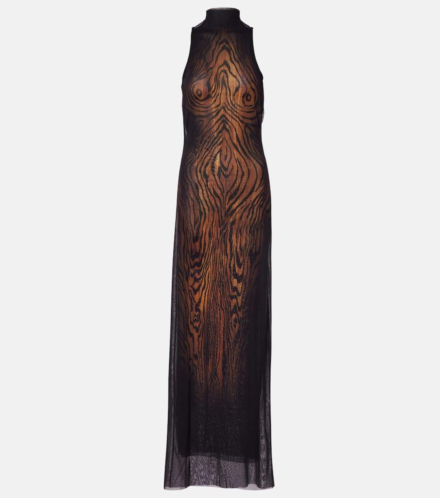 jean paul gaultier wood printed mesh maxi dress