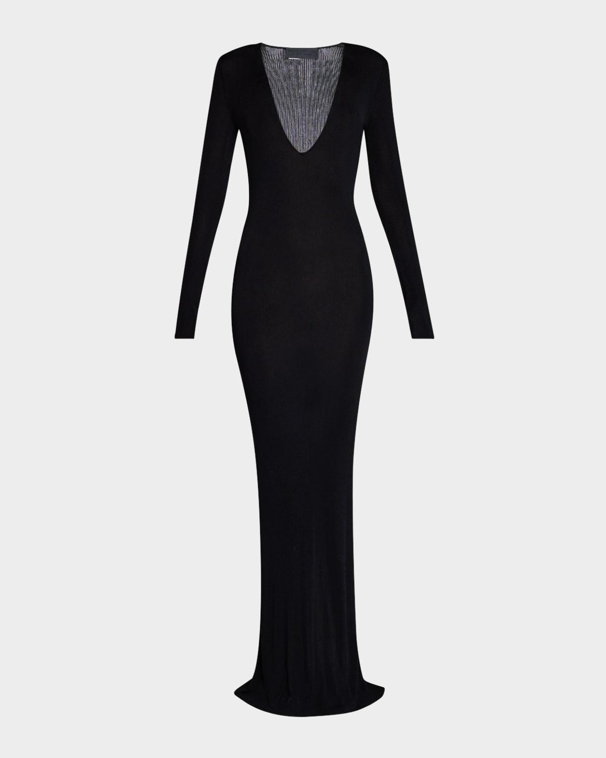 jean plunging long-sleeve rib maxi dress