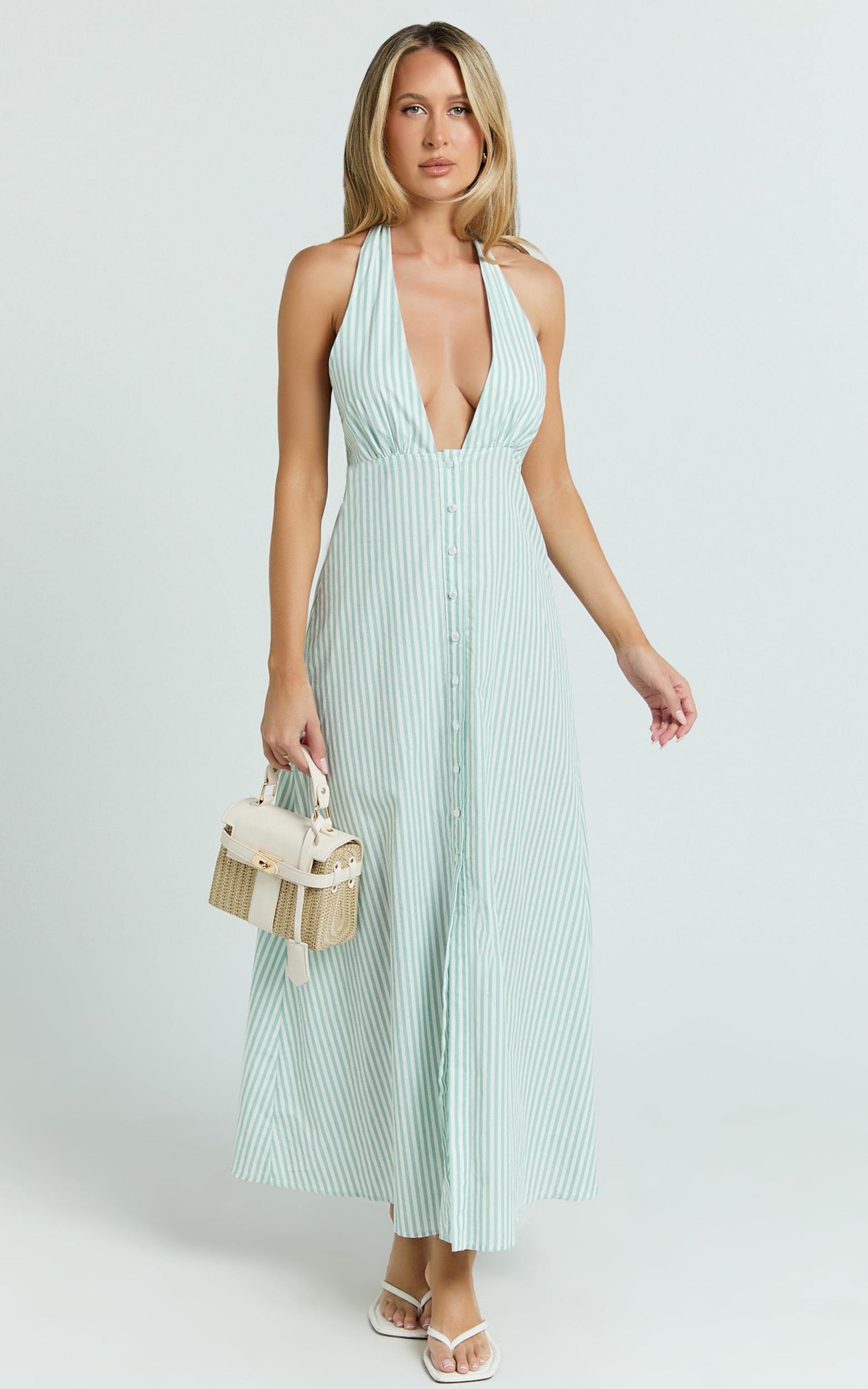 jeienn midi dress - ruched shoulder bodice a-line placket front skirt dress in mint stripe