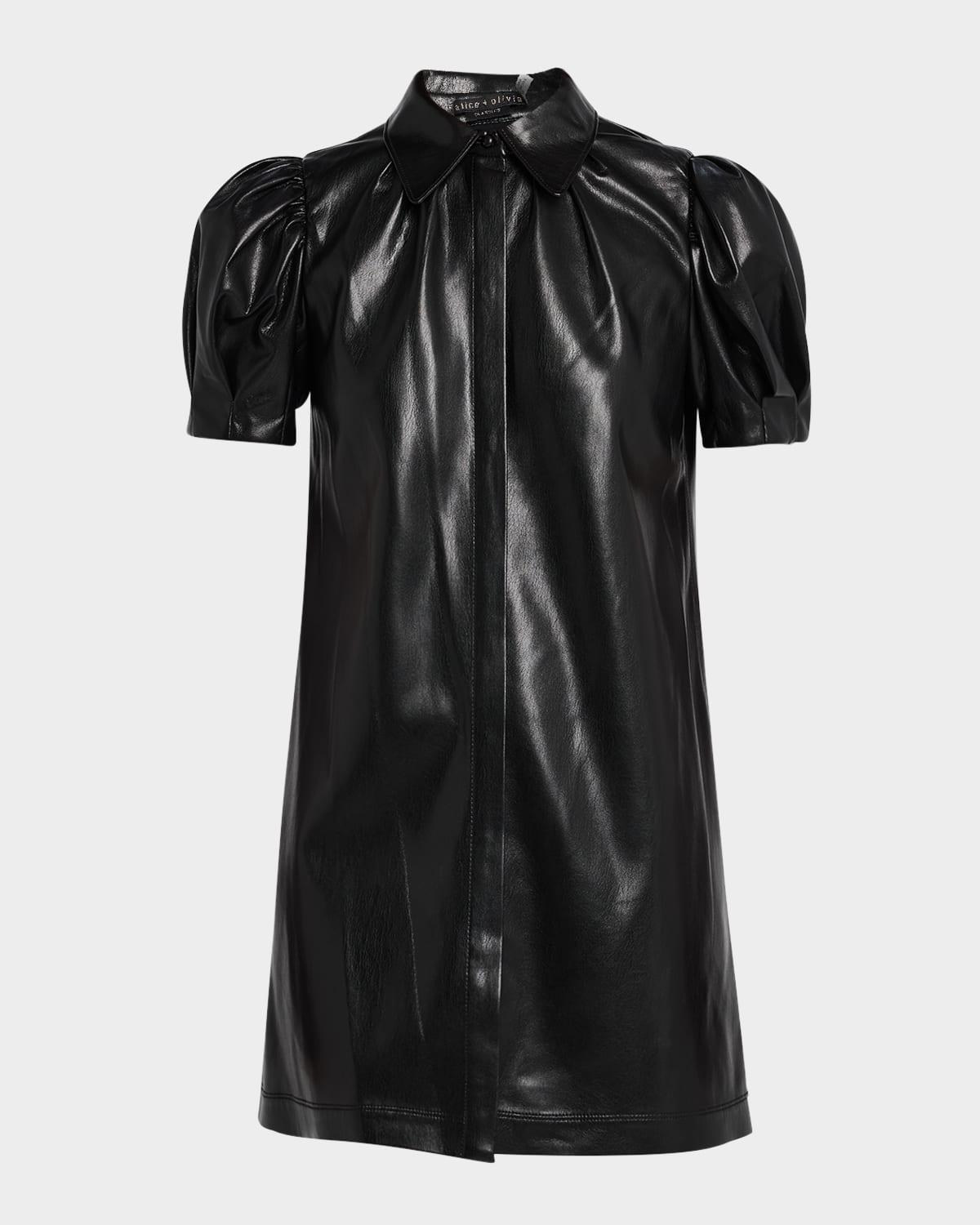 jem vegan leather puff-sleeve shirtdress