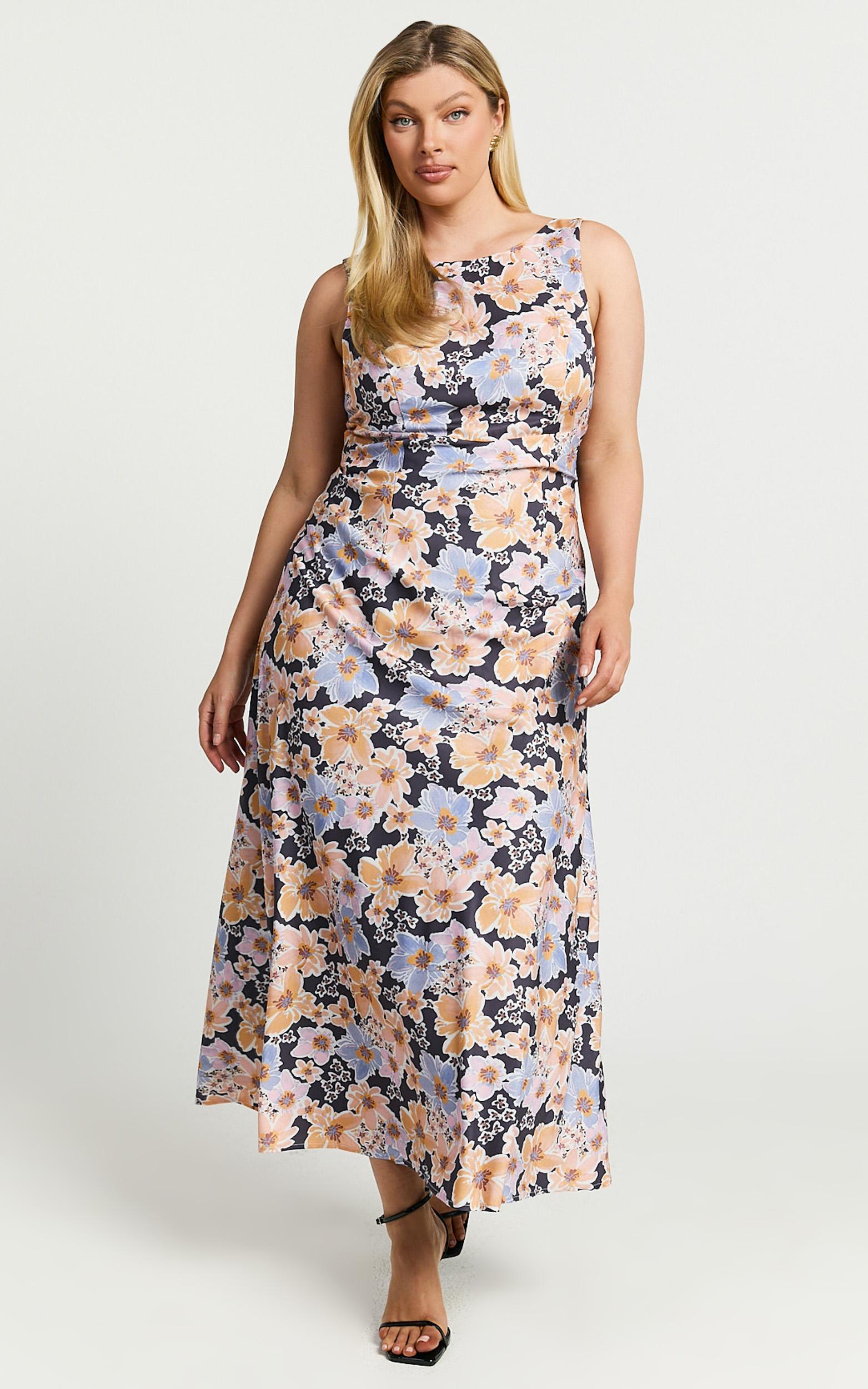 jenibelle midi dress - boat neck open back sleeveless bias cut slip dress in mellow floral