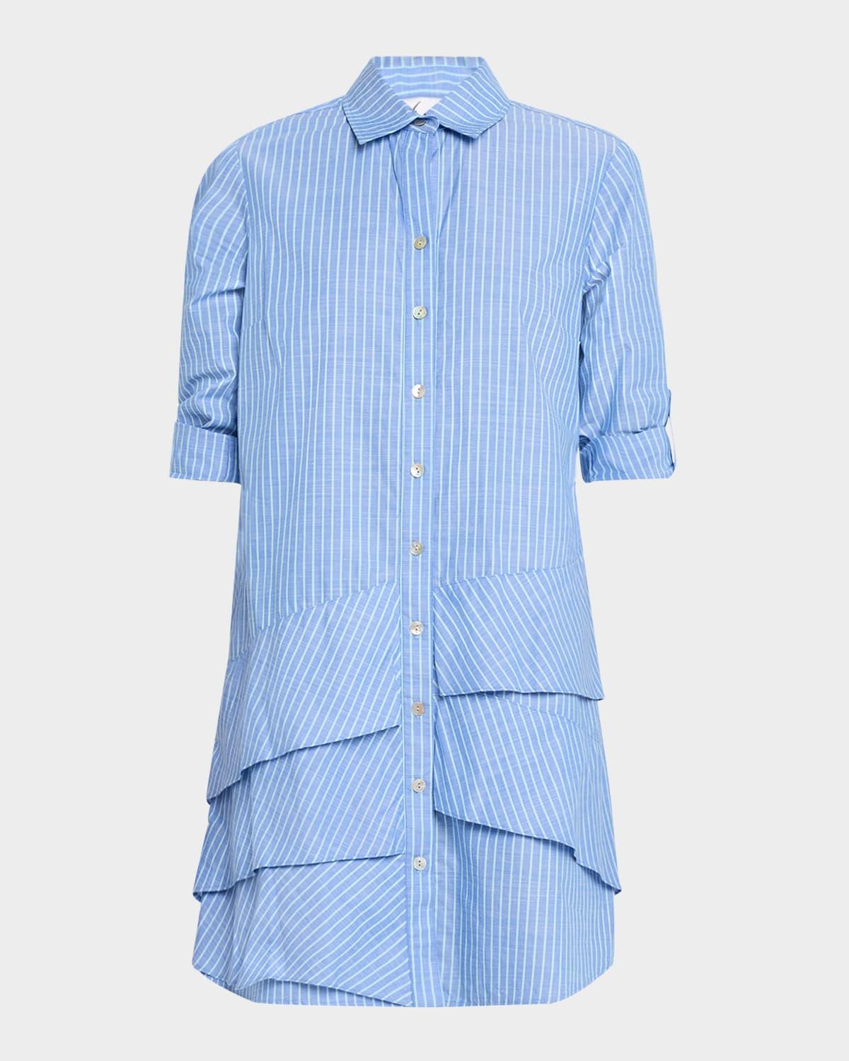 jenna striped cotton chambray ruffle shirtdress