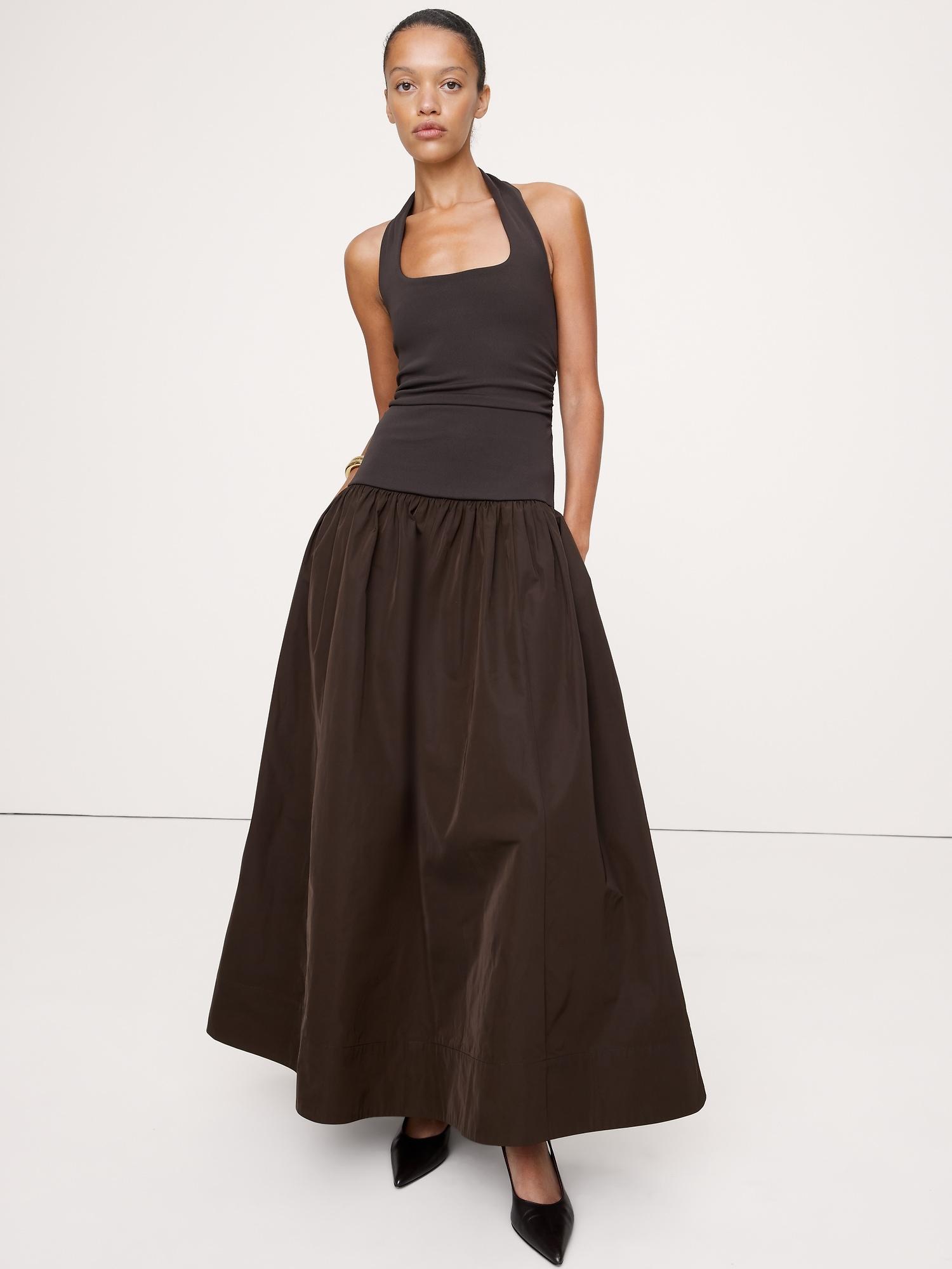 jersey & taffeta halter maxi dress