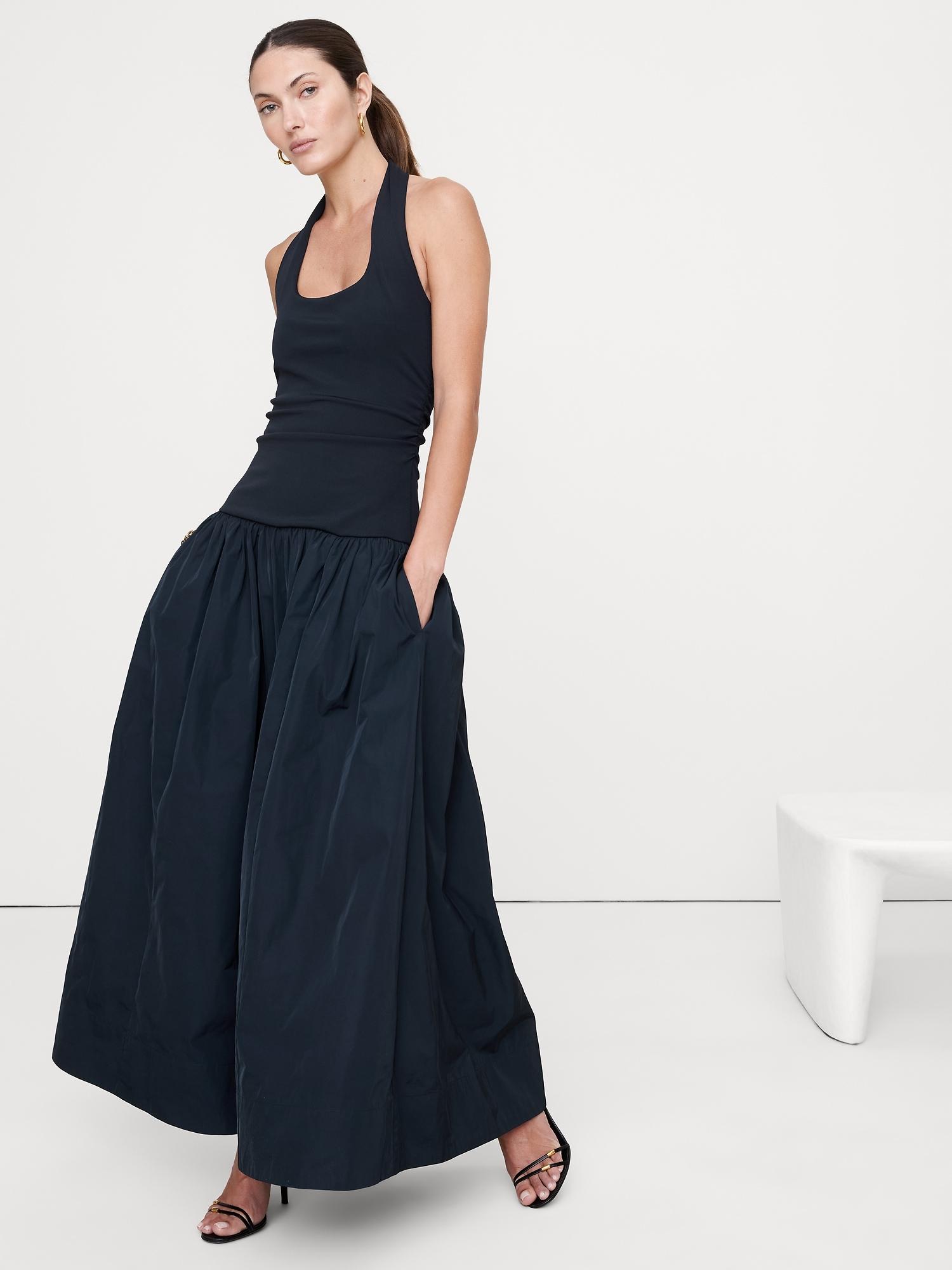 jersey & taffeta halter maxi dress