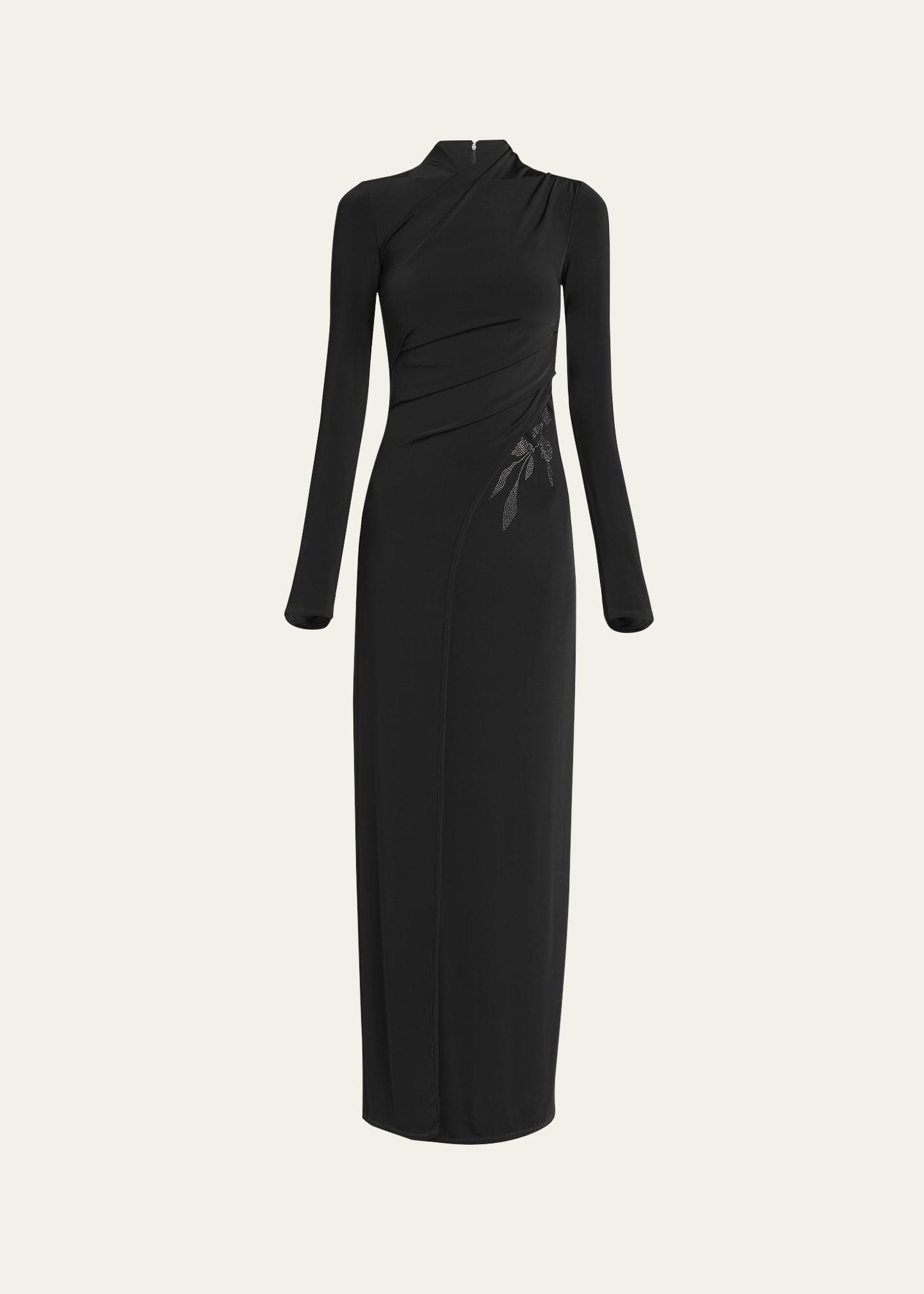 jersey column gown with beaded floral hip detail
