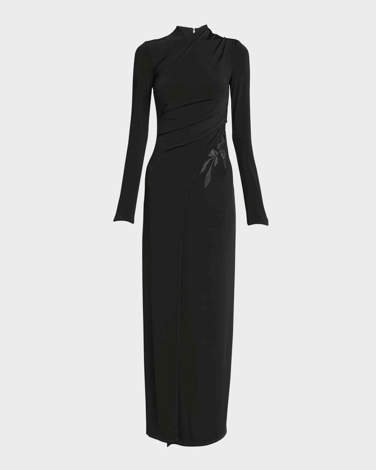 jersey column gown with beaded floral hip detail