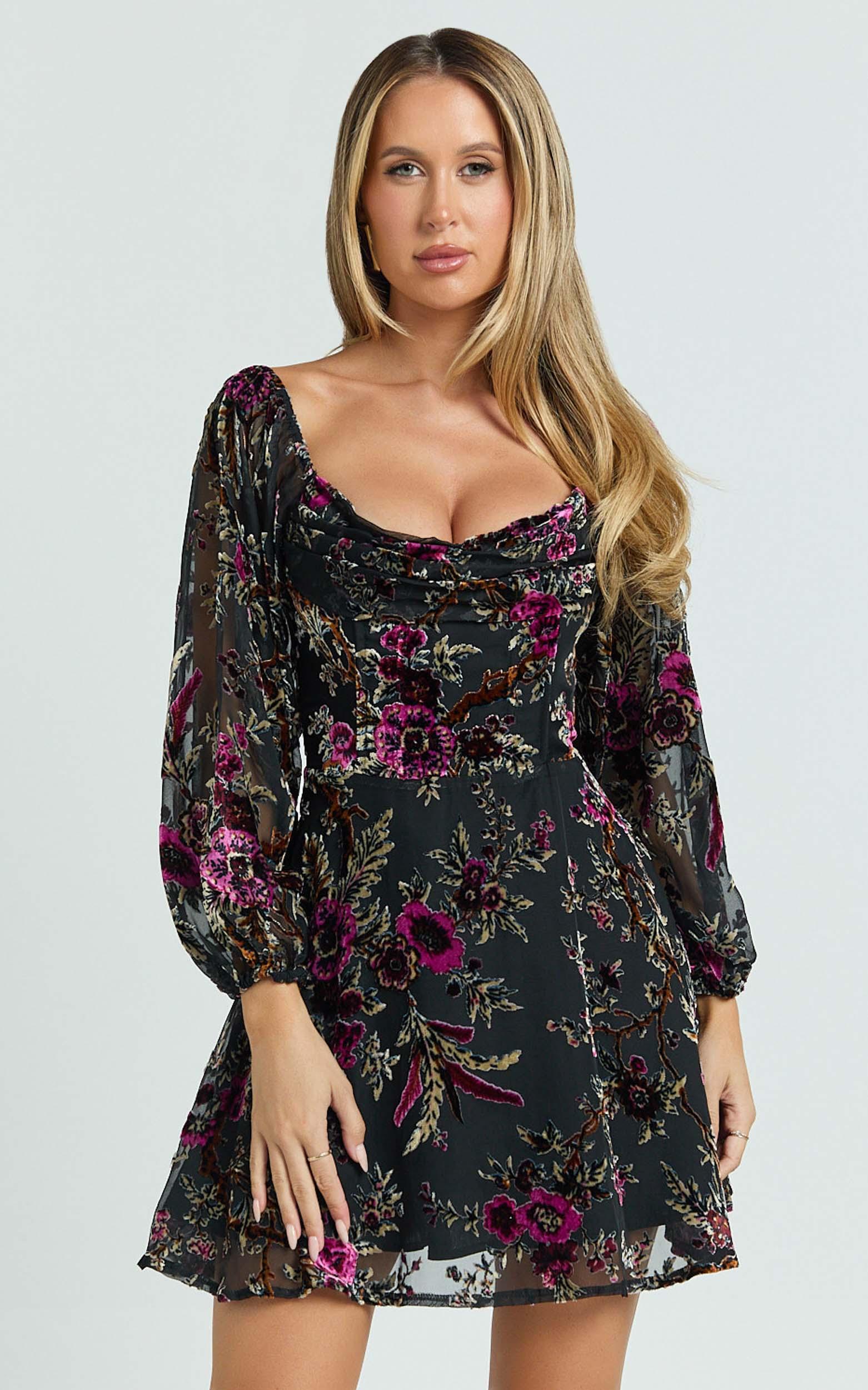 jessell mini dress - long sleeve cowl corset dress in black floral