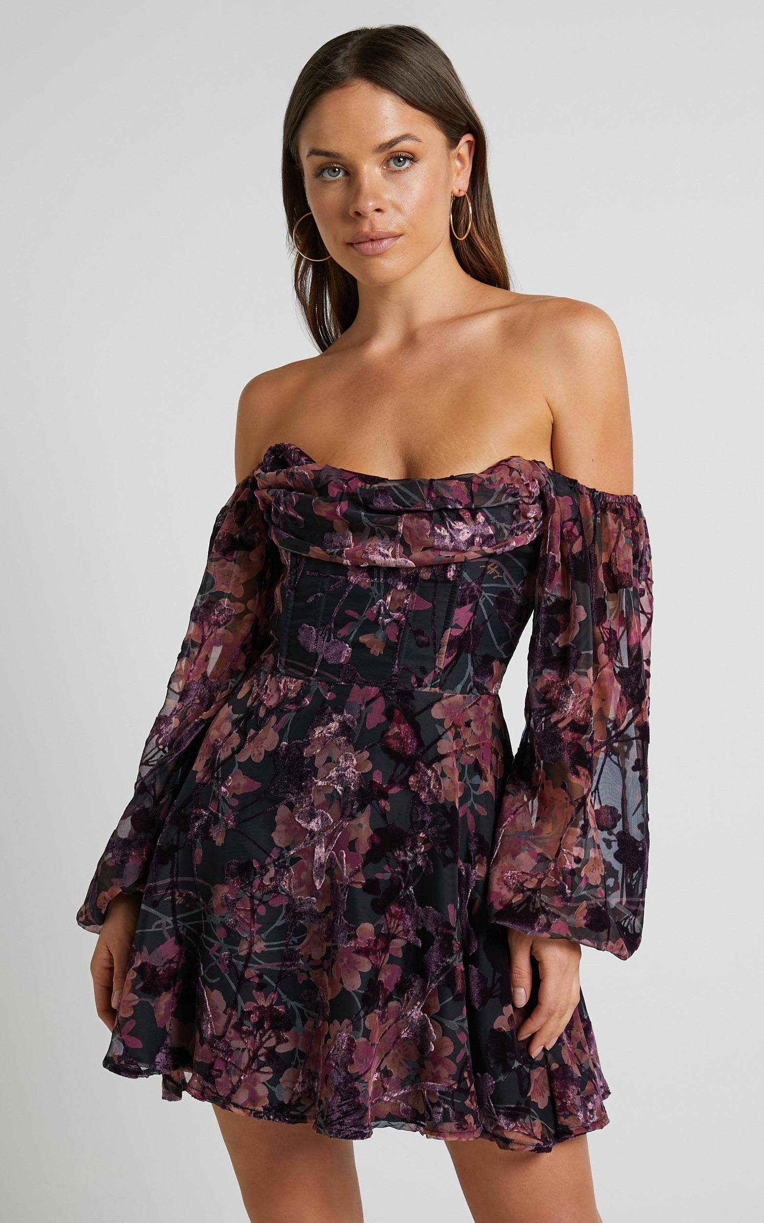 jessell mini dress - long sleeve cowl corset dress in burnt out floral